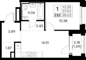 1-к квартира, вторичка, 39м2, 11/16 этаж